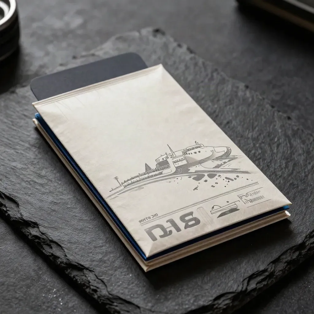 Fährpaket mit Hafen-Tabs auf schwarzer Fläche, dramatisch beleuchtet.