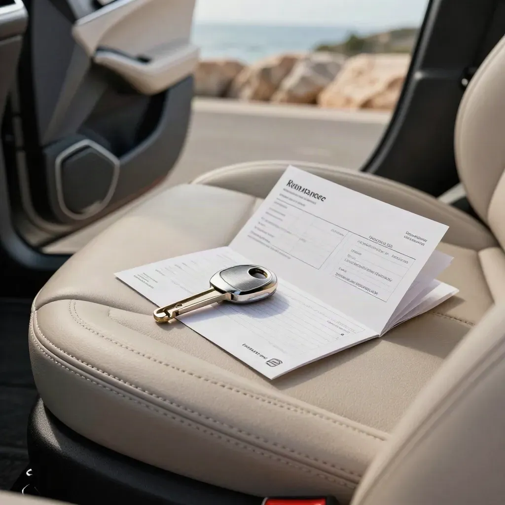 Mietwagen-Checkliste mit Autoschlüssel, Versicherungsformular und Routenkarte auf dem Beifahrersitz