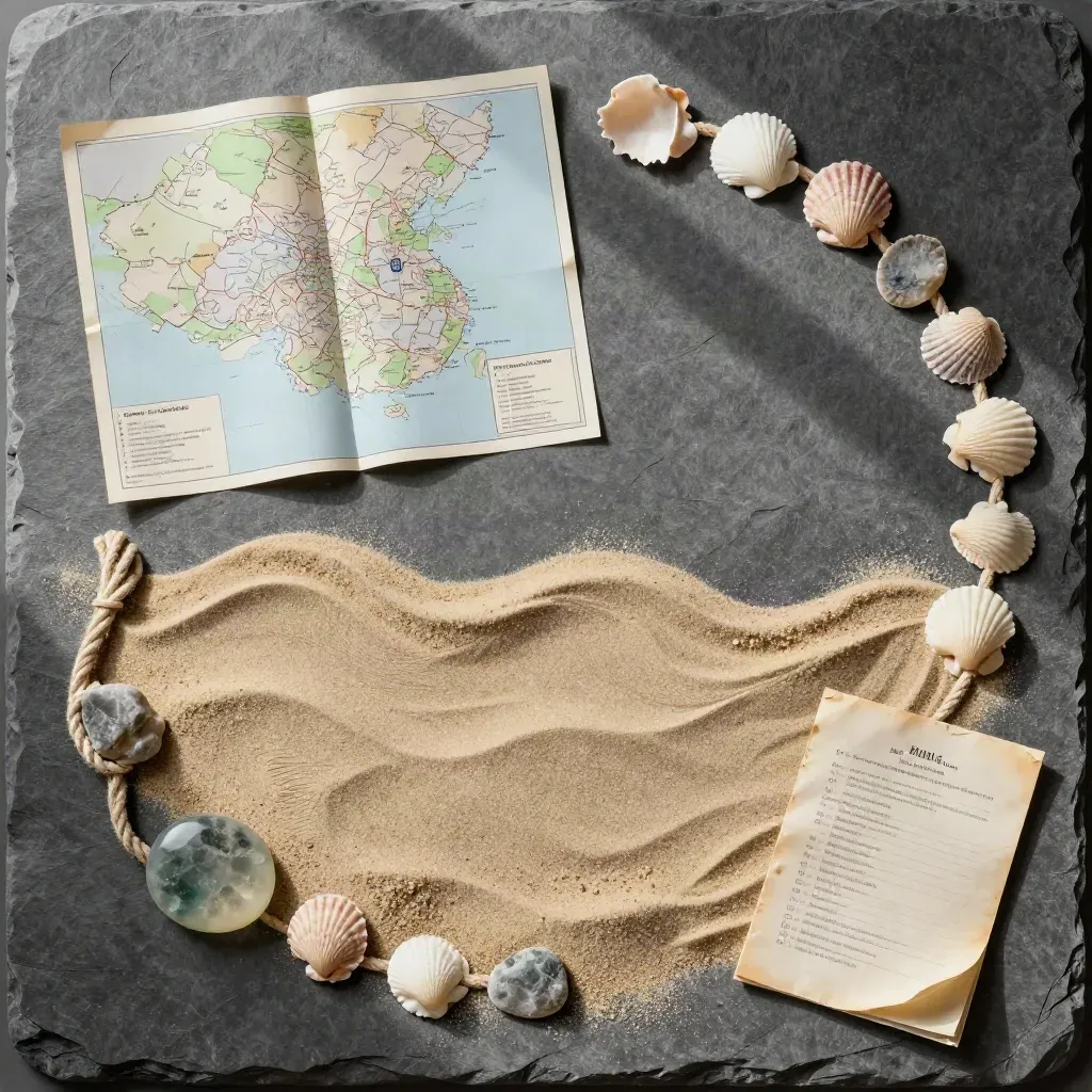 Flache Südsee-Küstenplanung mit Muschelfragmenten, Seil und Kartenstücken auf Stein.