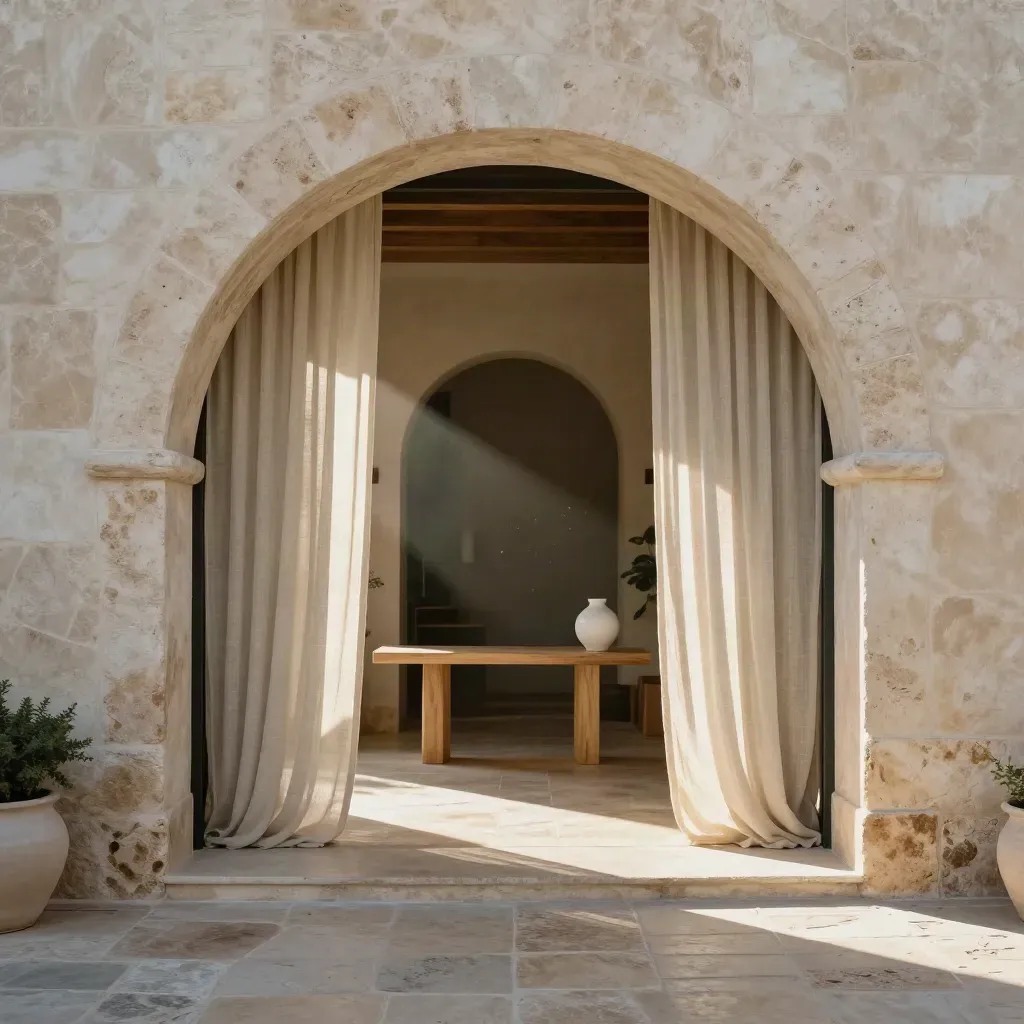 Heller Boutique-Hotel-Eingang mit Steinbogen, Leinenvorhängen und ruhigem Travertinboden.