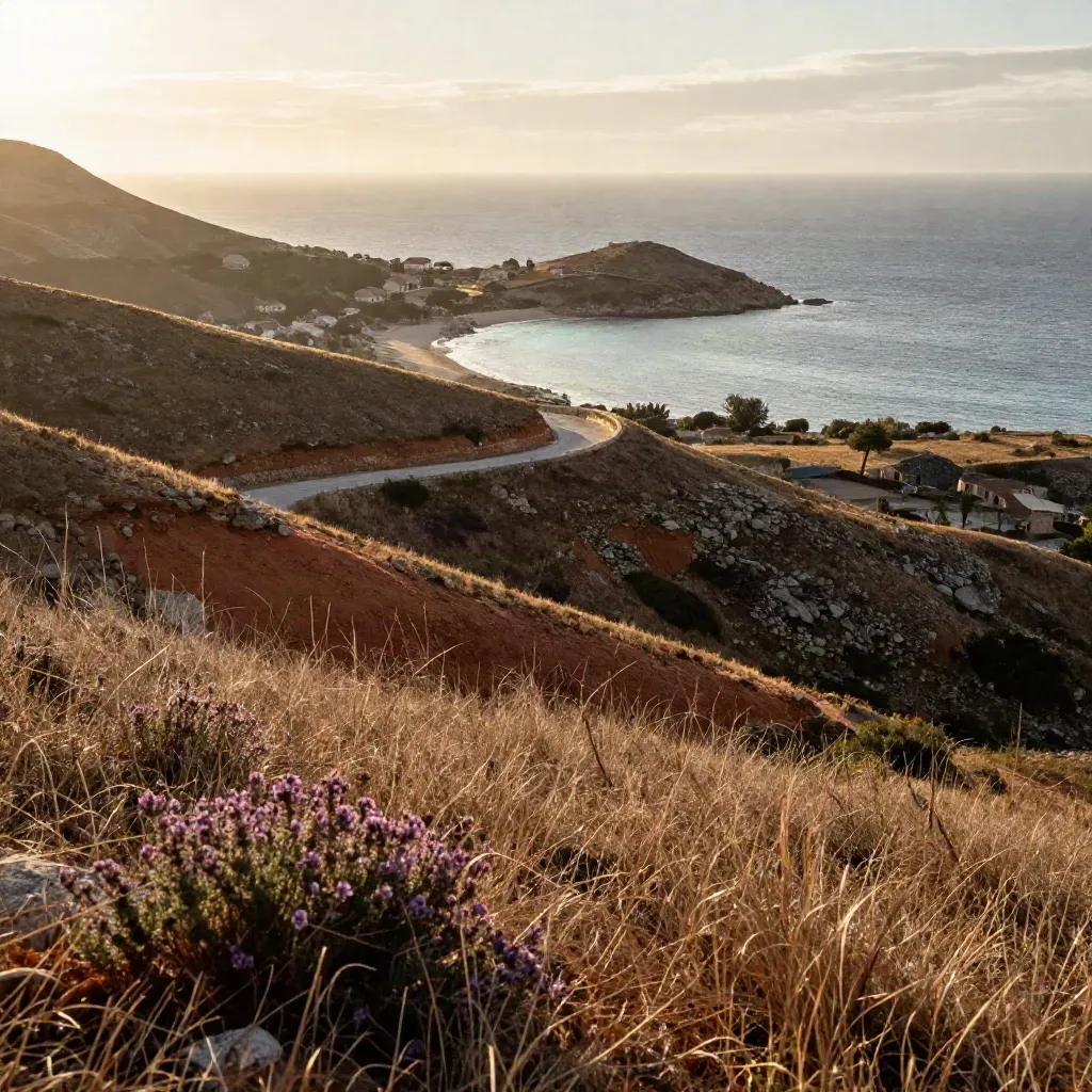 Sardische Küste mit Serpentinenstraße und weitem Blick aufs Meer bei goldenem Licht.