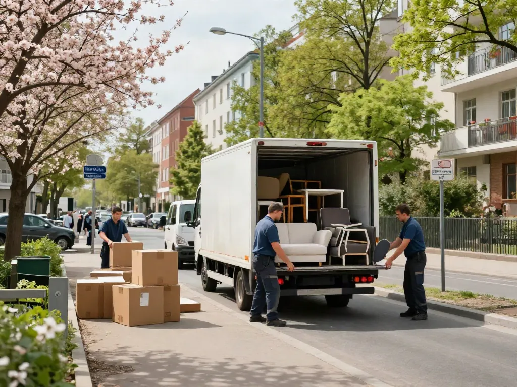 Möbeltransport Berlin with professional movers unloading furniture from a truck outside an apartment building in a busy neighborhood.