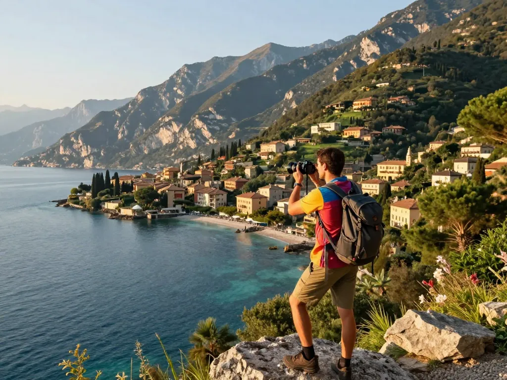Reisetipps Gardasee: Reisender, der die Schönheit der Landschaften des Gardasees mit einer Kamera festhält und Abenteuer und Erkundung zeigt.