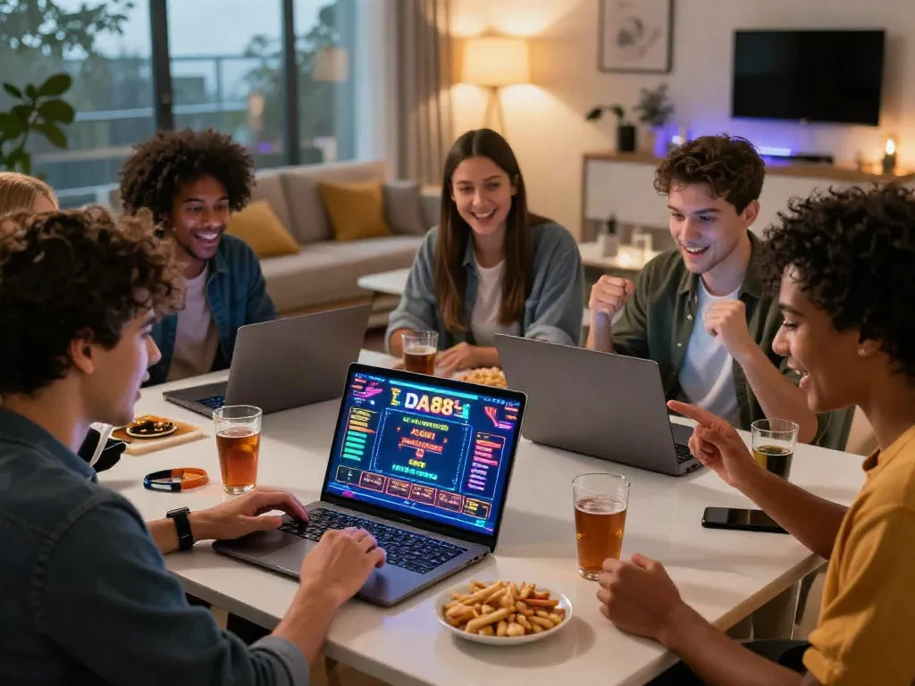 Friends enjoying online gaming at DA88 with vibrant atmosphere.