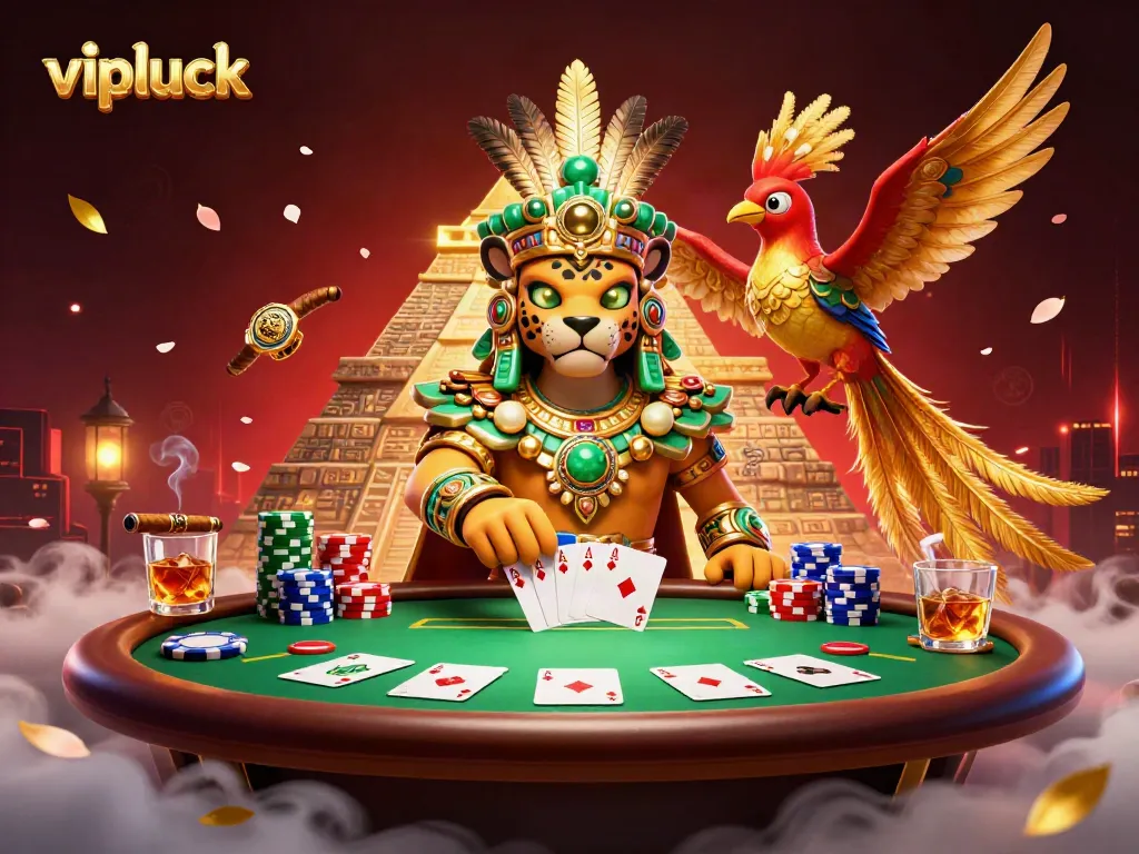 Engage in thrilling gameplay with vipluck casino's vibrant 3D illustration of poker dynamics.