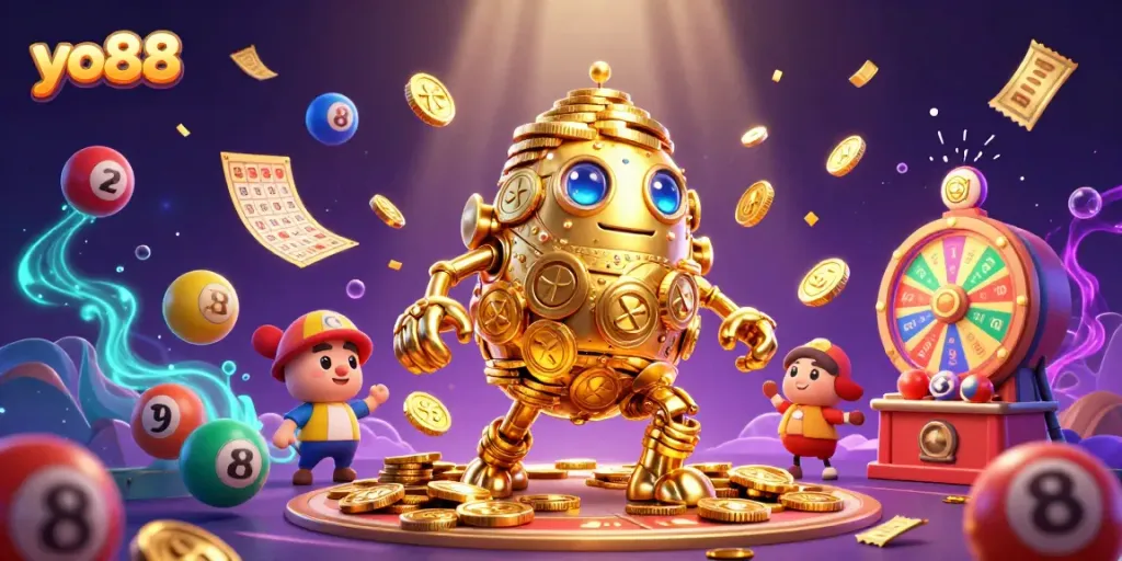 Engage with thrilling games at yo88, featuring vibrant lottery balls and a golden golem in a captivating gaming scene.