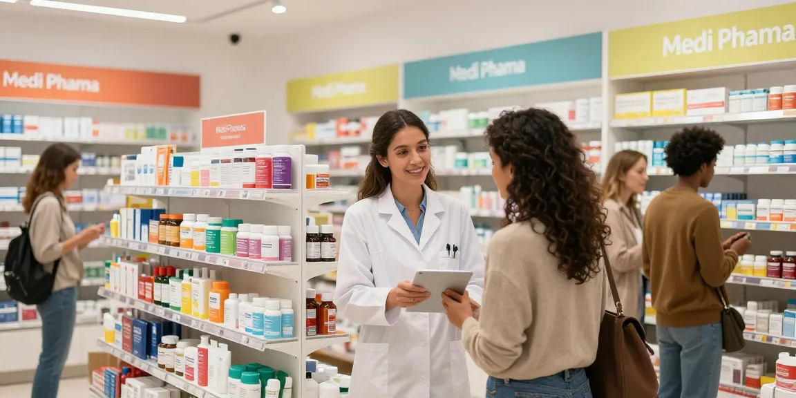 Medi Pharma Shop mit Apotheker, der einem Kunden hilft und Wellness-Produkte präsentiert.