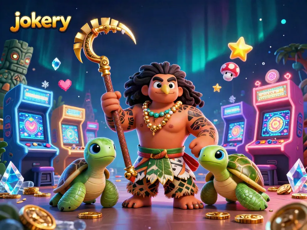 Experience the thrill of jokery at a vibrant casino with 3D characters, glowing arcade machines, and an exciting gaming atmosphere.