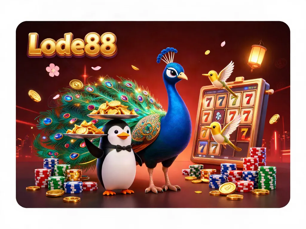 Lode88 showcases a dynamic casino scene with a cartoon peacock and penguin celebrating slot game wins amid vibrant jackpot elements.