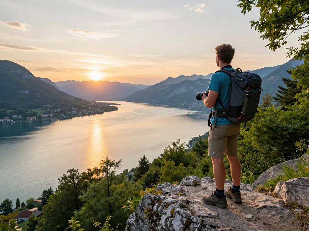 Wunderschöne Gardasee Reisetipps Landschaft mit Reisendem bei Sonnenuntergang.