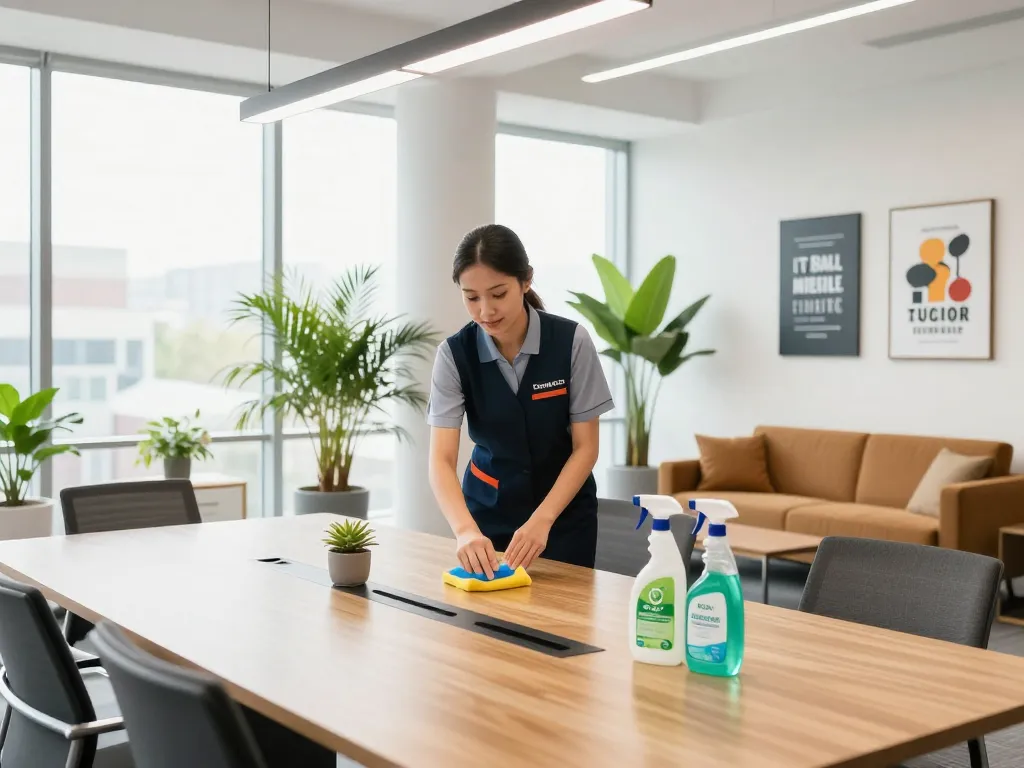 Reinigungsservice in Emsdetten, der einen professionellen Reiniger zeigt, der ein helles Büro pflegt.
