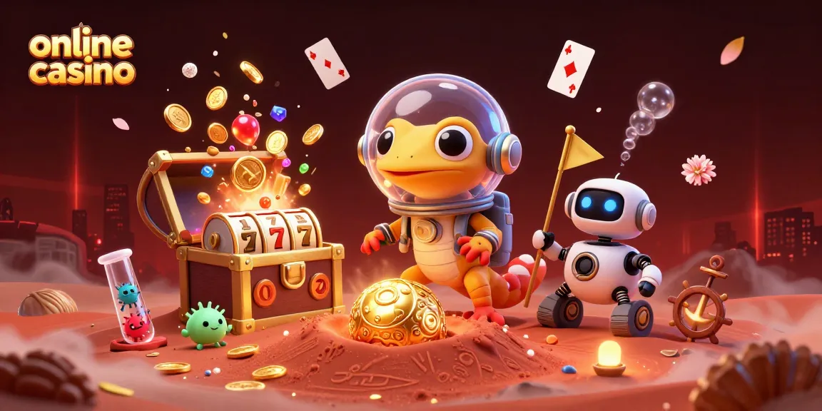 Martian gecko exploring an online casino in a vibrant, dynamic 3D scene full of casino elements.