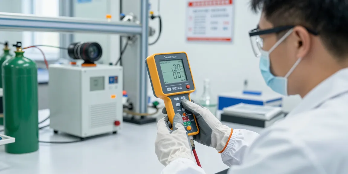 Benzol Messgerät in Verwendung, Techniker analysiert Benzolkonzentration in ppm in einer professionellen Laborumgebung.