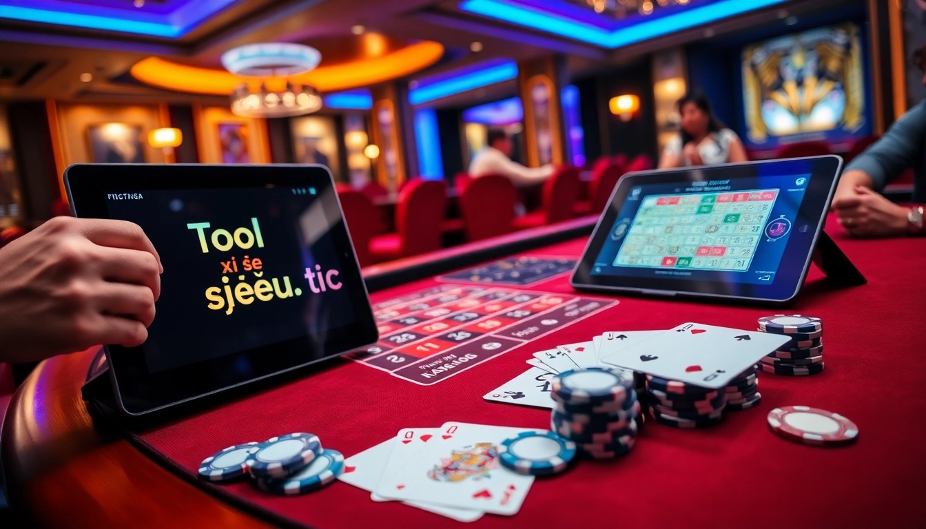 Placing bets with Tool xổ số siêu tốc at a luxury casino, surrounded by poker chips and cards.